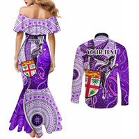 Personalised Fiji Australia Rugby Couples Matching Mermaid Dress and Long Sleeve Button Shirts Kangaroo and Palm Tree Purple Tapa Pattern Mix Aboriginal LT03 - Polynesian Pride