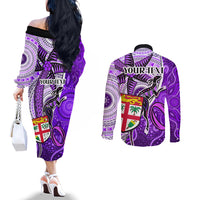 Personalised Fiji Australia Rugby Couples Matching Off The Shoulder Long Sleeve Dress and Long Sleeve Button Shirts Kangaroo and Palm Tree Purple Tapa Pattern Mix Aboriginal LT03 - Polynesian Pride