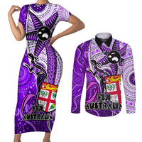 Personalised Fiji Australia Rugby Couples Matching Short Sleeve Bodycon Dress and Long Sleeve Button Shirts Kangaroo and Palm Tree Purple Tapa Pattern Mix Aboriginal LT03 Purple - Polynesian Pride