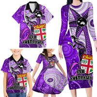 Personalised Fiji Australia Rugby Family Matching Long Sleeve Bodycon Dress and Hawaiian Shirt Kangaroo and Palm Tree Purple Tapa Pattern Mix Aboriginal LT03 - Polynesian Pride
