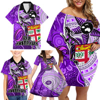 Personalised Fiji Australia Rugby Family Matching Off Shoulder Short Dress and Hawaiian Shirt Kangaroo and Palm Tree Purple Tapa Pattern Mix Aboriginal LT03 - Polynesian Pride