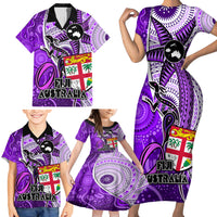 Personalised Fiji Australia Rugby Family Matching Short Sleeve Bodycon Dress and Hawaiian Shirt Kangaroo and Palm Tree Purple Tapa Pattern Mix Aboriginal LT03 - Polynesian Pride