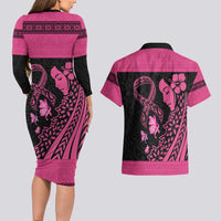 Breast Cancer Awareness Couples Matching Long Sleeve Bodycon Dress and Hawaiian Shirt Think Pink Polynesian Ribbon and Butterfly LT03 - Polynesian Pride