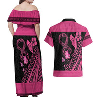 Breast Cancer Awareness Couples Matching Off Shoulder Maxi Dress and Hawaiian Shirt Think Pink Polynesian Ribbon and Butterfly LT03 - Polynesian Pride