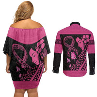 Breast Cancer Awareness Couples Matching Off Shoulder Short Dress and Long Sleeve Button Shirt Think Pink Polynesian Ribbon and Butterfly