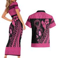 Breast Cancer Awareness Couples Matching Short Sleeve Bodycon Dress and Hawaiian Shirt Think Pink Polynesian Ribbon and Butterfly LT03 - Polynesian Pride