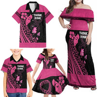 Breast Cancer Awareness Family Matching Off Shoulder Maxi Dress and Hawaiian Shirt Think Pink Polynesian Ribbon and Butterfly LT03 - Polynesian Pride