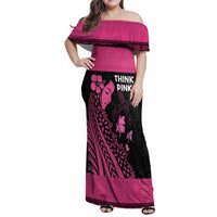 Breast Cancer Awareness Family Matching Off Shoulder Maxi Dress and Hawaiian Shirt Think Pink Polynesian Ribbon and Butterfly LT03 Mom's Dress Pink - Polynesian Pride