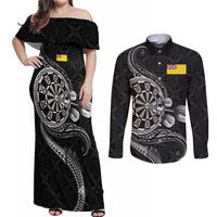 Personalised Niue Darts Masters Couples Matching Off Shoulder Maxi Dress and Long Sleeve Button Shirt Tribal Hiapo Dartboard LT03 Black - Polynesian Pride