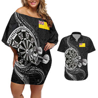 Personalised Niue Darts Masters Couples Matching Off Shoulder Short Dress and Hawaiian Shirt Tribal Hiapo Dartboard LT03 Black - Polynesian Pride