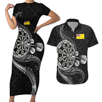Personalised Niue Darts Masters Couples Matching Short Sleeve Bodycon Dress and Hawaiian Shirt Tribal Hiapo Dartboard LT03 Black - Polynesian Pride