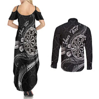 Personalised Niue Darts Masters Couples Matching Summer Maxi Dress and Long Sleeve Button Shirt Tribal Hiapo Dartboard LT03 - Polynesian Pride