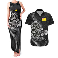 Personalised Niue Darts Masters Couples Matching Tank Maxi Dress and Hawaiian Shirt Tribal Hiapo Dartboard LT03 Black - Polynesian Pride