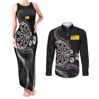 Personalised Niue Darts Masters Couples Matching Tank Maxi Dress and Long Sleeve Button Shirt Tribal Hiapo Dartboard LT03 Black - Polynesian Pride