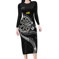 Personalised Niue Darts Masters Family Matching Long Sleeve Bodycon Dress and Hawaiian Shirt Tribal Hiapo Dartboard LT03 Mom's Dress Black - Polynesian Pride