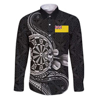 Personalised Niue Darts Masters Family Matching Puletasi and Hawaiian Shirt Tribal Hiapo Dartboard LT03 Dad's Shirt - Long Sleeve Black - Polynesian Pride