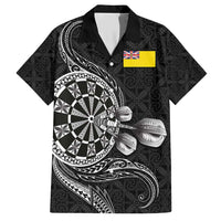 Personalised Niue Darts Masters Family Matching Short Sleeve Bodycon Dress and Hawaiian Shirt Tribal Hiapo Dartboard LT03 Dad's Shirt - Short Sleeve Black - Polynesian Pride
