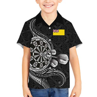 Personalised Niue Darts Masters Family Matching Short Sleeve Bodycon Dress and Hawaiian Shirt Tribal Hiapo Dartboard LT03 Son's Shirt Black - Polynesian Pride