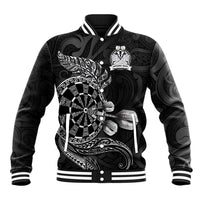 Personalised New Zealand Aotearoa Darts Masters Baseball Jacket Tribal Silver Fern and Ta Moko Dartboard LT03 Unisex Black - Polynesian Pride