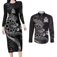 Personalised New Zealand Aotearoa Darts Masters Couples Matching Long Sleeve Bodycon Dress and Long Sleeve Button Shirt Tribal Silver Fern and Ta Moko Dartboard LT03 Black - Polynesian Pride