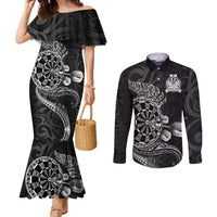 Personalised New Zealand Aotearoa Darts Masters Couples Matching Mermaid Dress and Long Sleeve Button Shirt Tribal Silver Fern and Ta Moko Dartboard LT03 Black - Polynesian Pride