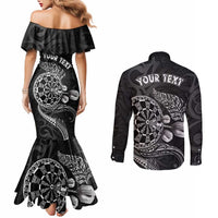 Personalised New Zealand Aotearoa Darts Masters Couples Matching Mermaid Dress and Long Sleeve Button Shirt Tribal Silver Fern and Ta Moko Dartboard LT03 - Polynesian Pride