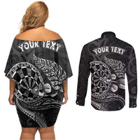 Personalised New Zealand Aotearoa Darts Masters Couples Matching Off Shoulder Short Dress and Long Sleeve Button Shirt Tribal Silver Fern and Ta Moko Dartboard LT03 - Polynesian Pride