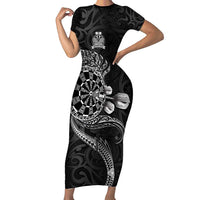 Personalised New Zealand Aotearoa Darts Masters Family Matching Short Sleeve Bodycon Dress and Hawaiian Shirt Tribal Silver Fern and Ta Moko Dartboard LT03 Mom's Dress Black - Polynesian Pride