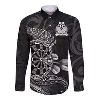 Personalised New Zealand Aotearoa Darts Masters Long Sleeve Button Shirt Tribal Silver Fern and Ta Moko Dartboard LT03 Unisex Black - Polynesian Pride