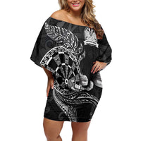 Personalised New Zealand Aotearoa Darts Masters Off Shoulder Short Dress Tribal Silver Fern and Ta Moko Dartboard LT03 Women Black - Polynesian Pride