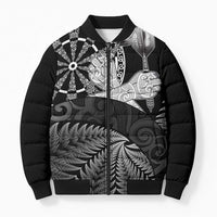 Personalised New Zealand Aotearoa Darts Masters Bomber Puffer Jacket Silver Fern and Maori Spirit LT03 Unisex Black - Polynesian Pride