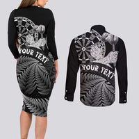 Personalised New Zealand Aotearoa Darts Masters Couples Matching Long Sleeve Bodycon Dress and Long Sleeve Button Shirt Silver Fern and Maori Spirit LT03 - Polynesian Pride