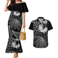 Personalised New Zealand Aotearoa Darts Masters Couples Matching Mermaid Dress and Hawaiian Shirt Silver Fern and Maori Spirit LT03 Black - Polynesian Pride