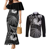 Personalised New Zealand Aotearoa Darts Masters Couples Matching Mermaid Dress and Long Sleeve Button Shirt Silver Fern and Maori Spirit LT03 Black - Polynesian Pride