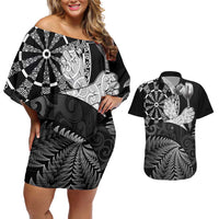 Personalised New Zealand Aotearoa Darts Masters Couples Matching Off Shoulder Short Dress and Hawaiian Shirt Silver Fern and Maori Spirit LT03 Black - Polynesian Pride