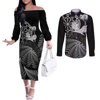 Personalised New Zealand Aotearoa Darts Masters Couples Matching Off The Shoulder Long Sleeve Dress and Long Sleeve Button Shirt Silver Fern and Maori Spirit LT03 Black - Polynesian Pride