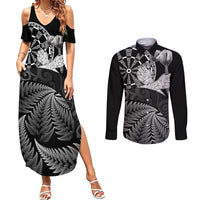 Personalised New Zealand Aotearoa Darts Masters Couples Matching Summer Maxi Dress and Long Sleeve Button Shirt Silver Fern and Maori Spirit LT03 Black - Polynesian Pride