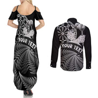 Personalised New Zealand Aotearoa Darts Masters Couples Matching Summer Maxi Dress and Long Sleeve Button Shirt Silver Fern and Maori Spirit LT03 - Polynesian Pride