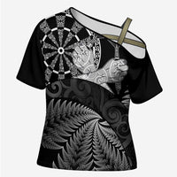 Personalised New Zealand Aotearoa Darts Masters Cross Shoulder Shirt Silver Fern and Maori Spirit LT03 Female Black - Polynesian Pride