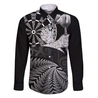 Personalised New Zealand Aotearoa Darts Masters Family Matching Mermaid Dress and Hawaiian Shirt Silver Fern and Maori Spirit LT03 Dad's Shirt - Long Sleeve Black - Polynesian Pride
