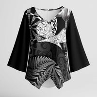Personalised New Zealand Aotearoa Darts Masters Kimono Sleeve Blouse Silver Fern and Maori Spirit LT03 Female Black - Polynesian Pride