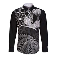 Personalised New Zealand Aotearoa Darts Masters Long Sleeve Button Shirt Silver Fern and Maori Spirit LT03 Unisex Black - Polynesian Pride