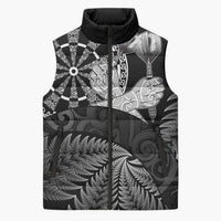 Personalised New Zealand Aotearoa Darts Masters Sleeveless Puffer Jacket Silver Fern and Maori Spirit LT03 Unisex Black - Polynesian Pride