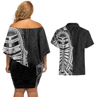 Traditional Polynesian Art Tattoos Couples Matching Off Shoulder Short Dress and Hawaiian Shirt Black Color LT03 - Polynesian Pride
