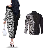 Traditional Polynesian Art Tattoos Couples Matching Off The Shoulder Long Sleeve Dress and Long Sleeve Button Shirt Black Color LT03 - Polynesian Pride