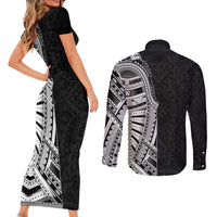 Traditional Polynesian Art Tattoos Couples Matching Short Sleeve Bodycon Dress and Long Sleeve Button Shirt Black Color LT03 - Polynesian Pride