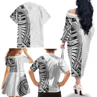 Traditional Polynesian Art Tattoos Family Matching Off The Shoulder Long Sleeve Dress and Hawaiian Shirt White Color LT03 - Polynesian Pride