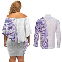 Traditional Polynesian Art Tattoos Couples Matching Off Shoulder Short Dress and Long Sleeve Button Shirt Purple Color LT03 - Polynesian Pride