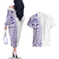 Traditional Polynesian Art Tattoos Couples Matching Off The Shoulder Long Sleeve Dress and Hawaiian Shirt Purple Color LT03 - Polynesian Pride