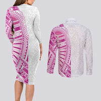 Traditional Polynesian Art Tattoos Couples Matching Long Sleeve Bodycon Dress and Long Sleeve Button Shirt Pink Color LT03 - Polynesian Pride